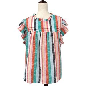 Striped Ruffle Sleeve Blouse in Pink, Teal & Coral